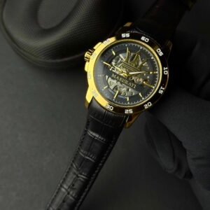 Luxury Gold Skeleton Watch for Men – Black Leather Strap | Inspired by Maserati Design |